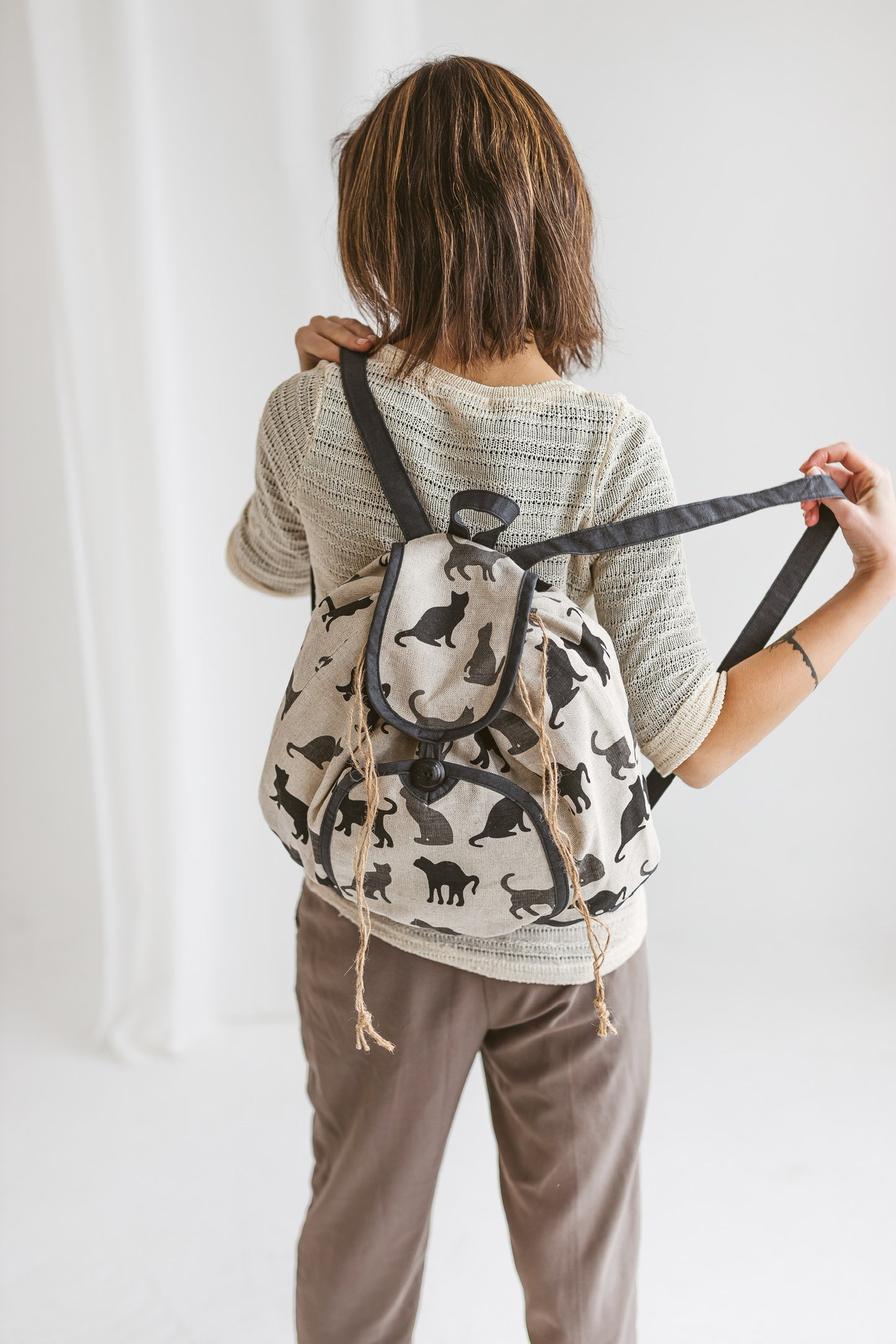 Large Drawstring Backpack Cats Shadows